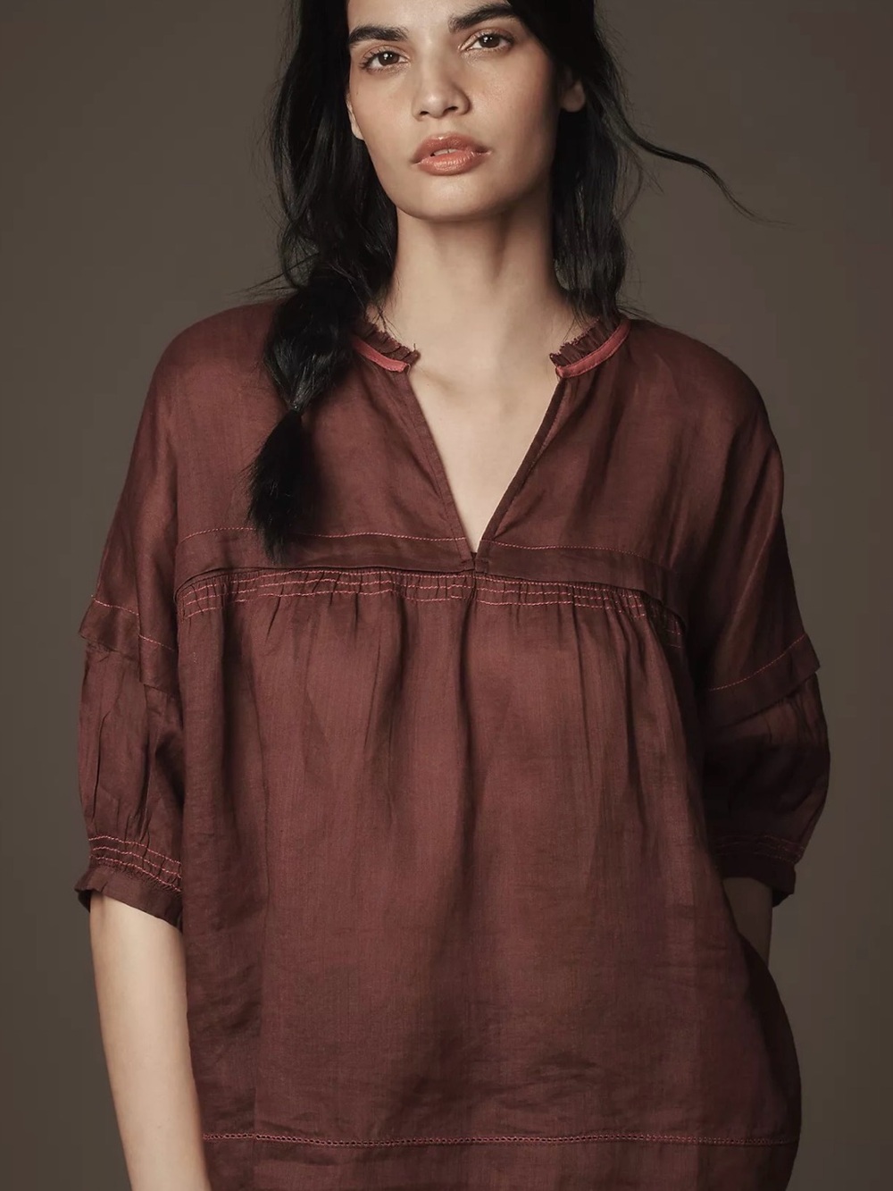 Maeve by Anthropologie Boho Pintuck Peasant Blouse Top Burgundy Woven 6 S/M